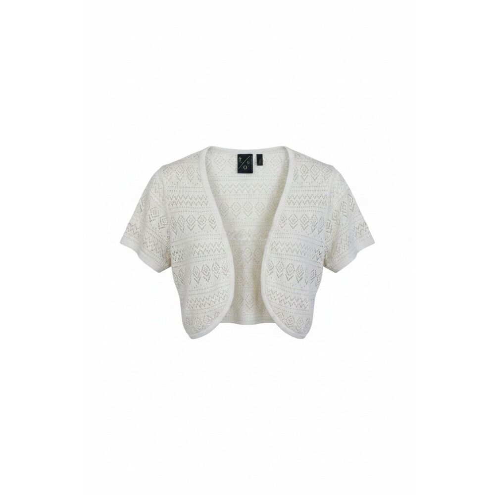T/O Sweaters Pointelle Knit Short Sleeve Cropped Shrug Cardigan Ivory Size Large